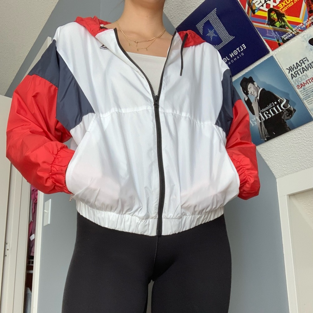 Red, white, blue, windbreaker jacket